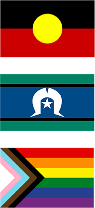 Australian Aboriginal flag, Torres Strait Islander flag and LGBTQ+ Pride Flag
