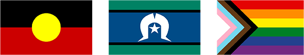 Australian Aboriginal flag, Torres Strait Islander flag and LGBTQ+ Pride Flag